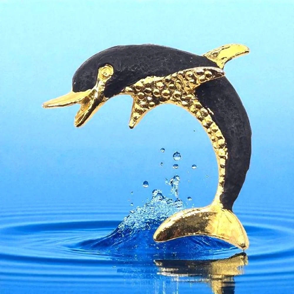 Vintage 1980s Gold Tone‎ Metal and Matte Black Enamel Jumping Dolphin Brooch Pin